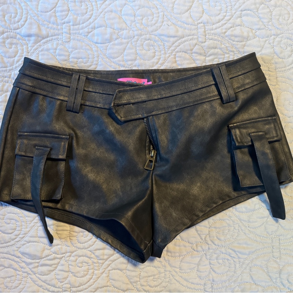 Edikted Black Faux Leather Cargo Shorts